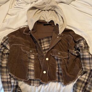 Dance & Marvel Brown Corduroy & Plaid Hooded Jacket